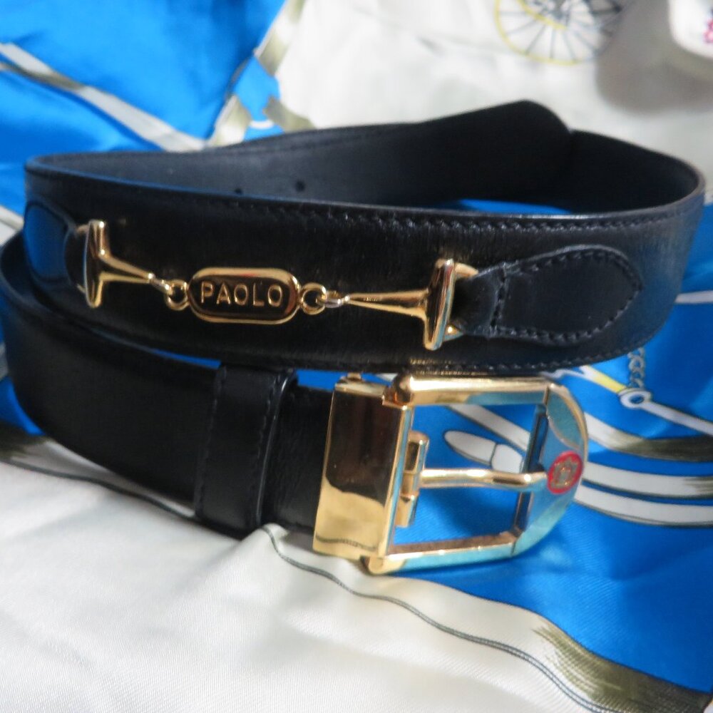 ❤️ 80 / 32 PAOLO GUCCI Horsebit and Logo Gold Belt Buckle &  Black Leather Belt